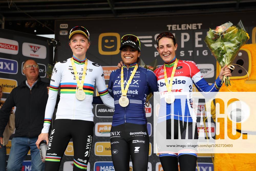 Dutch Fem Van Empel, Dutch Lucinda Brand and Dutch Ceylin Del Carmen Alvarado pictured on the podium after the women elite race of the Cyclocross Ruddervoorde, in Oostkamp, the first stage of the Superprestige cyclocross cycling competition. KURTxDESPLENTER x103089150x