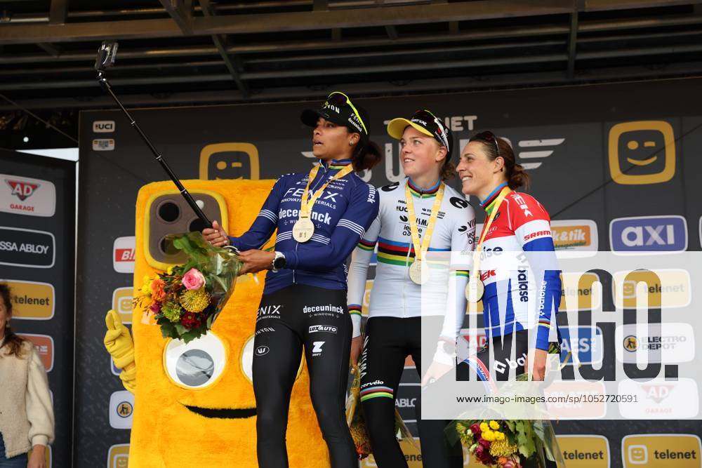 Dutch Ceylin Del Carmen Alvarado, Dutch Fem Van Empel, Dutch Lucinda Brand and pictured on the podium after the women elite race of the Cyclocross Ruddervoorde, Sunday 20 October 2024 in Oostkamp, the first stage of the Superprestige cyclocross cycling competition. KURTxDESPLENTER x103089807x