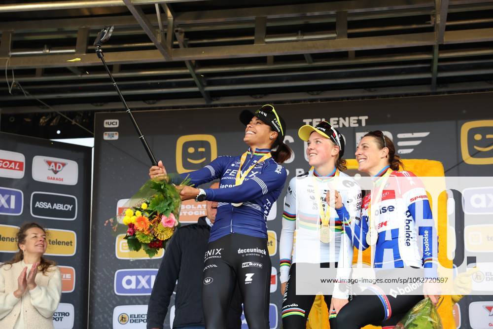 Dutch Ceylin Del Carmen Alvarado, Dutch Fem Van Empel, Dutch Lucinda Brand and pictured on the podium after the women elite race of the Cyclocross Ruddervoorde, Sunday 20 October 2024 in Oostkamp, the first stage of the Superprestige cyclocross cycling competition. KURTxDESPLENTER x103089822x