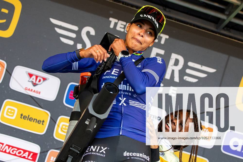 Dutch Ceylin Del Carmen Alvarado celebrates on the podium after winning the women elite race of the Cyclocross Ruddervoorde, Sunday 20 October 2024 in Oostkamp, the first stage of the Superprestige cyclocross cycling competition. KURTxDESPLENTER x103109016x