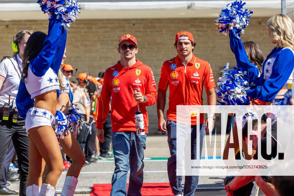 AUSTIN, TX - OCTOBER 20: Charles Leclerc (16) of Morocco and team Scuderia Ferrari and Carlos Sainz (55) of Spain and team Scuderia Ferrari during the drivers parade before the Formula 1 Pirelli United States Grand Prix on October 20, 2024 at the Circuit of The Americas in Austin, TX. (Photo by Bob Kupbens Icon Sportswire)(Photo by Bob Kupbens Icon Sportswire) AUTO: OCT 20 F1 Pirelli United States Grand Prix Icon2410200561