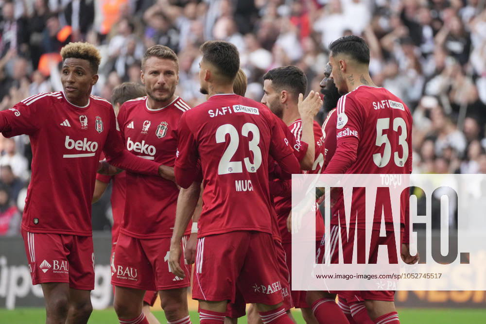 Rafa Silva (27) of Besiktas celebrates after scoring the second goal of his team with teammates during the Turkish Super League match between Besiktas and Konyaspor at Tupras Stadium on October 20, 2024 in Istanbul, Turkey. Istanbul Turkey
