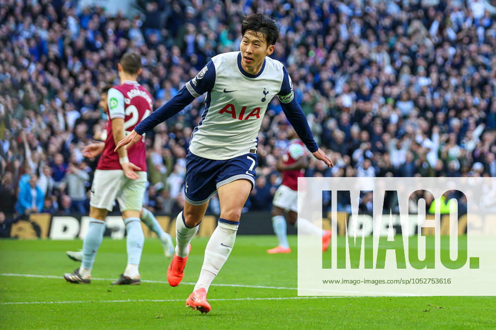 Tottenham Hotspur FC v West Ham United FC Heung-Min Son of Tottenham Hotspur scores a GOAL 4-1 and celebrates during the Tottenham Hotspur FC v West Ham United FC English Premier League match at the Tottenham Hotspur Stadium, London, England, United Kingdom on 19 October 2024 Editorial use only. All images are copyright Every Second Media Limited. No images may be reproduced without prior permission. All rights reserved. Premier League and Football League images are subject to licensing agreements with Football DataCo Limited. see https: www.football-dataco.com