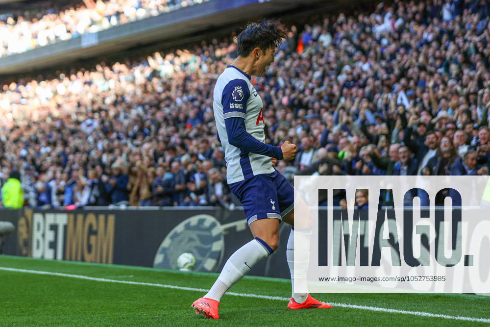 Tottenham Hotspur FC v West Ham United FC Heung-Min Son of Tottenham Hotspur scores a GOAL 4-1 and celebrates during the Tottenham Hotspur FC v West Ham United FC English Premier League match at the Tottenham Hotspur Stadium, London, England, United Kingdom on 19 October 2024 Editorial use only. All images are copyright Every Second Media Limited. No images may be reproduced without prior permission. All rights reserved. Premier League and Football League images are subject to licensing agreements with Football DataCo Limited. see https: www.football-dataco.com