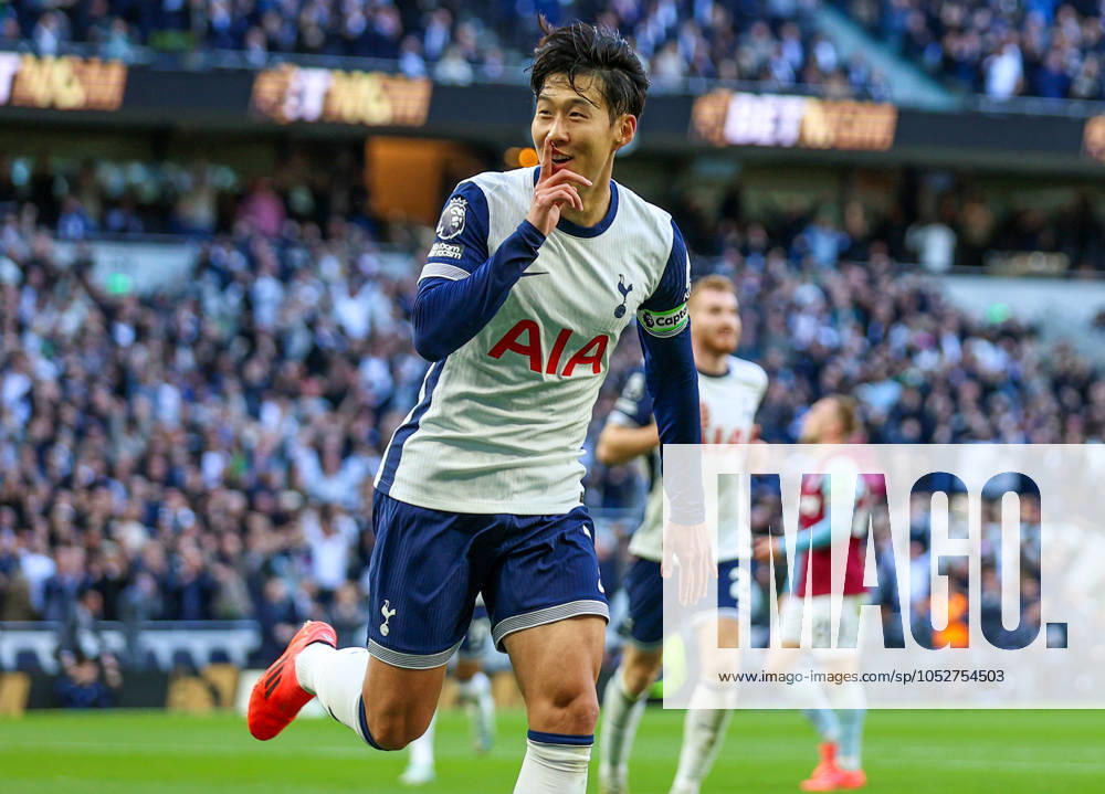 Tottenham Hotspur FC v West Ham United FC Heung-Min Son of Tottenham Hotspur scores a GOAL 4-1 and celebrates during the Tottenham Hotspur FC v West Ham United FC English Premier League match at the Tottenham Hotspur Stadium, London, England, United Kingdom on 19 October 2024 Editorial use only. All images are copyright Every Second Media Limited. No images may be reproduced without prior permission. All rights reserved. Premier League and Football League images are subject to licensing agreements with Football DataCo Limited. see https: www.football-dataco.com