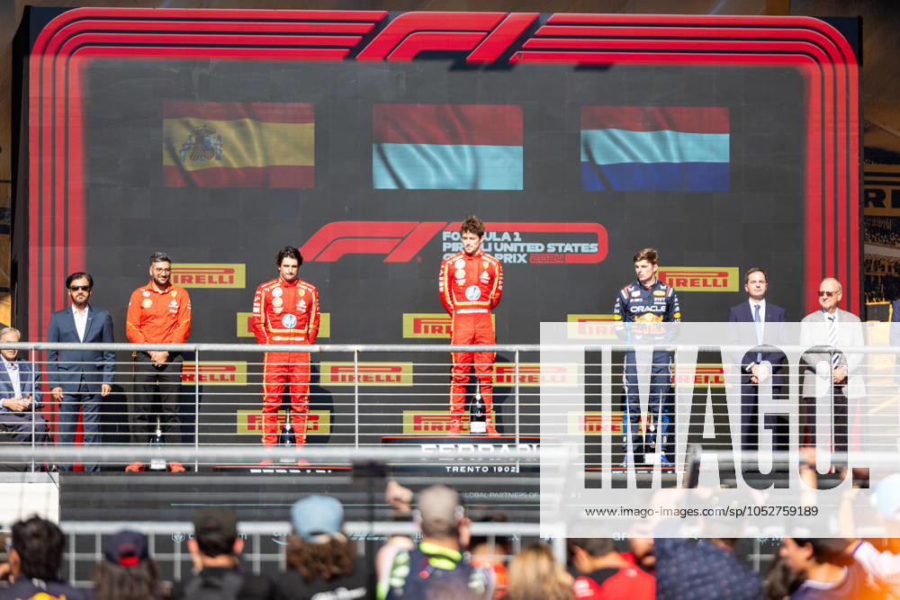 AUSTIN, TX - OCTOBER 20: Charles Leclerc (16) of Morocco and team Scuderia Ferrari, Carlos Sainz (55) of Spain and team Scuderia Ferrari and Max Verstappen (1) of Netherlands and team Oracle Red Bull Racing after the Formula 1 Pirelli United States Grand Prix on October 20, 2024 at the Circuit of The Americas in Austin, TX. (Photo by Bob Kupbens Icon Sportswire)(Photo by Bob Kupbens Icon Sportswire) AUTO: OCT 20 F1 Pirelli United States Grand Prix Icon2410201961