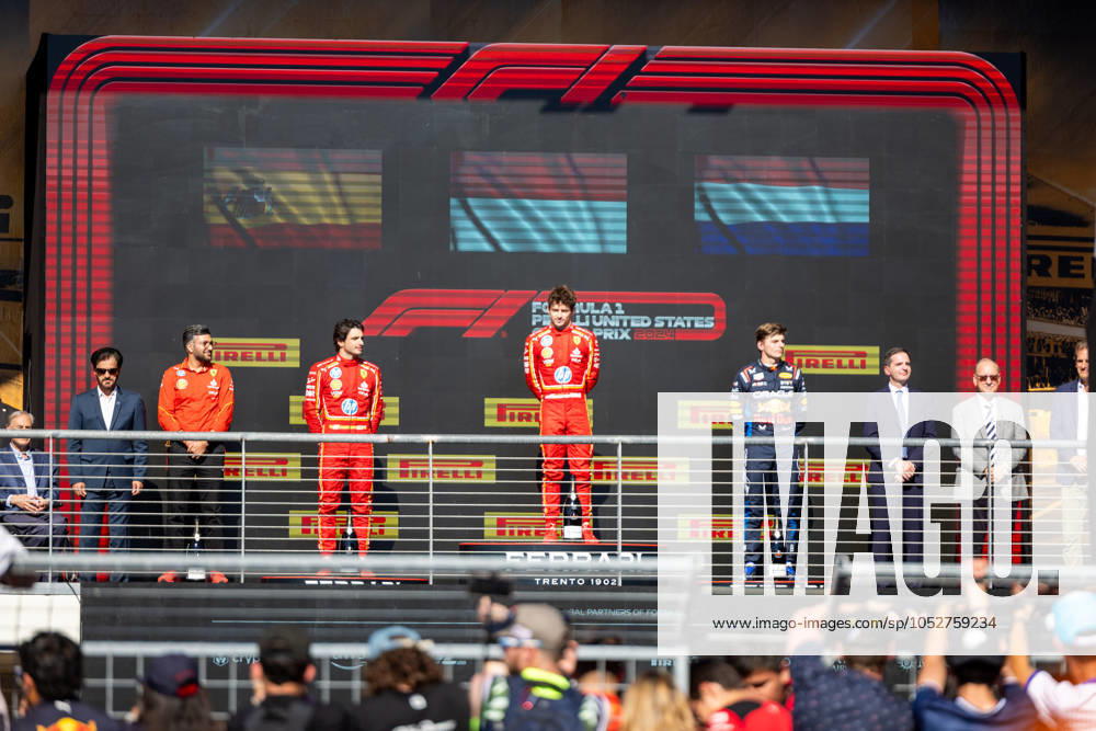 AUSTIN, TX - OCTOBER 20: Charles Leclerc (16) of Morocco and team Scuderia Ferrari, Carlos Sainz (55) of Spain and team Scuderia Ferrari and Max Verstappen (1) of Netherlands and team Oracle Red Bull Racing after the Formula 1 Pirelli United States Grand Prix on October 20, 2024 at the Circuit of The Americas in Austin, TX. (Photo by Bob Kupbens Icon Sportswire)(Photo by Bob Kupbens Icon Sportswire) AUTO: OCT 20 F1 Pirelli United States Grand Prix Icon2410201971