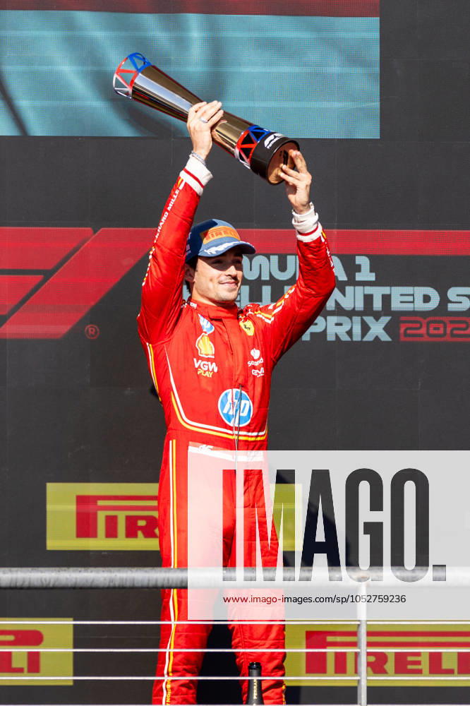 AUSTIN, TX - OCTOBER 20: Charles Leclerc (16) of Morocco and team Scuderia Ferrari holds his trophy after the Formula 1 Pirelli United States Grand Prix on October 20, 2024 at the Circuit of The Americas in Austin, TX. (Photo by Bob Kupbens Icon Sportswire)(Photo by Bob Kupbens Icon Sportswire) AUTO: OCT 20 F1 Pirelli United States Grand Prix Icon2410201981