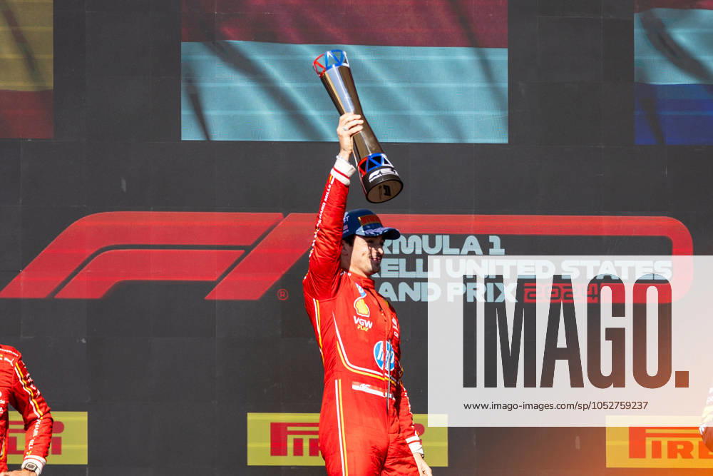 AUSTIN, TX - OCTOBER 20: Charles Leclerc (16) of Morocco and team Scuderia Ferrari holds his trophy after the Formula 1 Pirelli United States Grand Prix on October 20, 2024 at the Circuit of The Americas in Austin, TX. (Photo by Bob Kupbens Icon Sportswire)(Photo by Bob Kupbens Icon Sportswire) AUTO: OCT 20 F1 Pirelli United States Grand Prix Icon2410201991