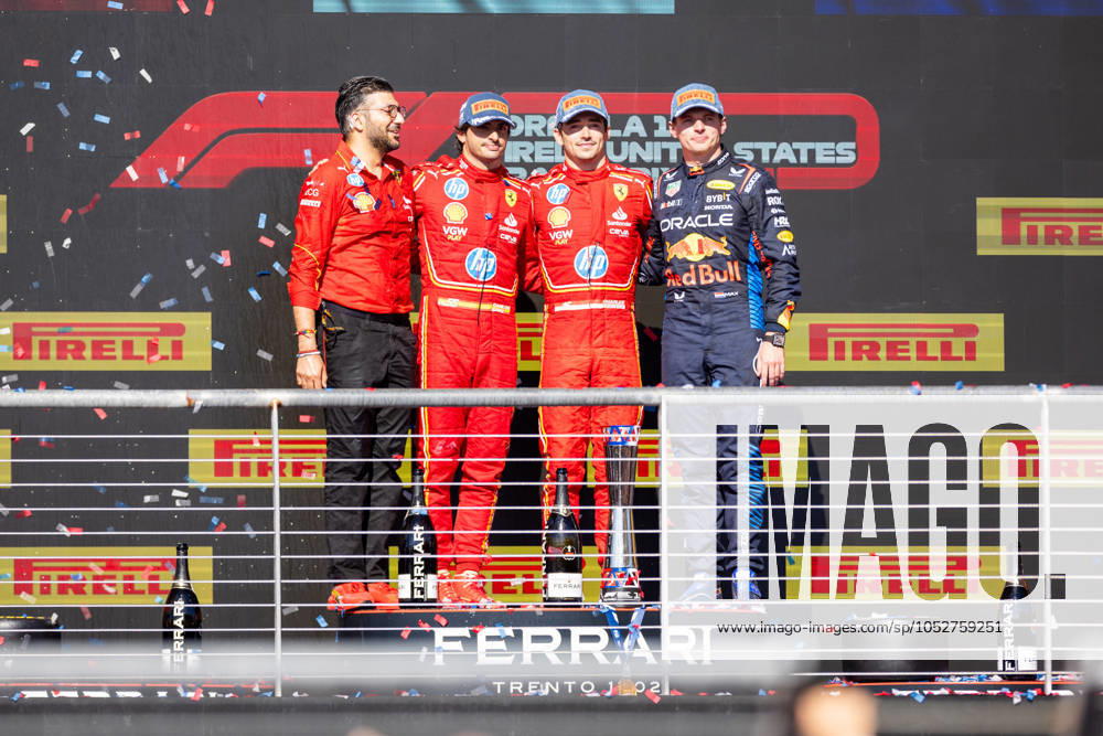 AUSTIN, TX - OCTOBER 20: Charles Leclerc (16) of Morocco and team Scuderia Ferrari, Carlos Sainz (55) of Spain and team Scuderia Ferrari and Max Verstappen (1) of Netherlands and team Oracle Red Bull Racing after the Formula 1 Pirelli United States Grand Prix on October 20, 2024 at the Circuit of The Americas in Austin, TX. (Photo by Bob Kupbens Icon Sportswire)(Photo by Bob Kupbens Icon Sportswire) AUTO: OCT 20 F1 Pirelli United States Grand Prix Icon2410202031