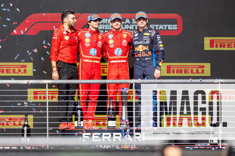 AUSTIN, TX - OCTOBER 20: Charles Leclerc (16) of Morocco and team Scuderia Ferrari, Carlos Sainz (55) of Spain and team Scuderia Ferrari and Max Verstappen (1) of Netherlands and team Oracle Red Bull Racing after the Formula 1 Pirelli United States Grand Prix on October 20, 2024 at the Circuit of The Americas in Austin, TX. (Photo by Bob Kupbens Icon Sportswire)(Photo by Bob Kupbens Icon Sportswire) AUTO: OCT 20 F1 Pirelli United States Grand Prix Icon2410202041