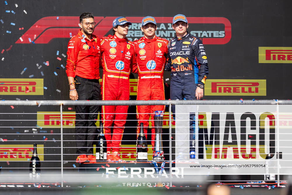 AUSTIN, TX - OCTOBER 20: Charles Leclerc (16) of Morocco and team Scuderia Ferrari, Carlos Sainz (55) of Spain and team Scuderia Ferrari and Max Verstappen (1) of Netherlands and team Oracle Red Bull Racing after the Formula 1 Pirelli United States Grand Prix on October 20, 2024 at the Circuit of The Americas in Austin, TX. (Photo by Bob Kupbens Icon Sportswire)(Photo by Bob Kupbens Icon Sportswire) AUTO: OCT 20 F1 Pirelli United States Grand Prix Icon2410202051