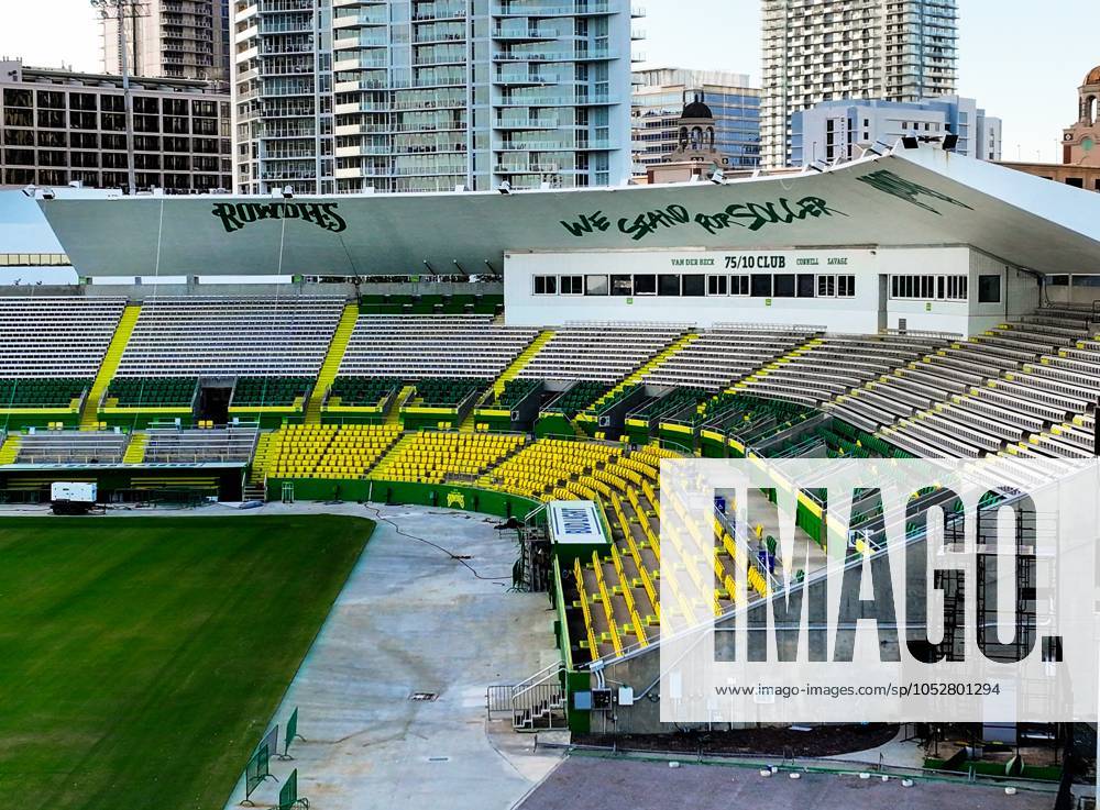 An aerial drone view of Al Lang Stadium, the home of the Tampa Bay Rowdies, at 230 1st St SE, on Monday, Oct. 21, 2024, in St. Petersburg. Al Lang Stadium is a potential option for the Tampa Bay Rays considering the damage to the roof at Tropicana Field from Hurricane Milton. St. Petersburg USA - ZUMAs70_ 0774813827st