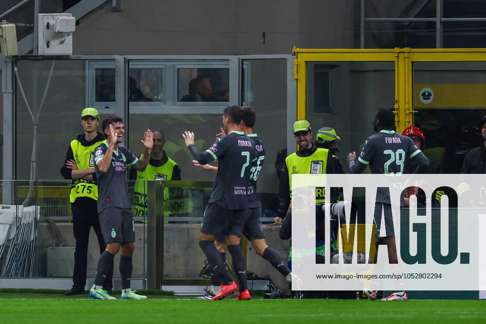 Christian Pulisic of AC Milan celebrates with his team mates after scoring a goal during UEFA Champions League 2024 25 League Phase - Matchday3 football match between AC Milan and Club Brugge KV at San Siro Stadium