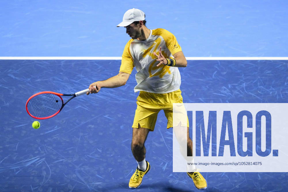 Basel, Switzerland October 21 Nuno Borges of Portugal in action against Andrey Rublev during the Swiss Indoors Basel Day 1 at St Jakobshalle on October 21, 2024 in Basel, Switzerland Photo by JustPictures Basel St Jakobshalle Basel Stadt Switzerland