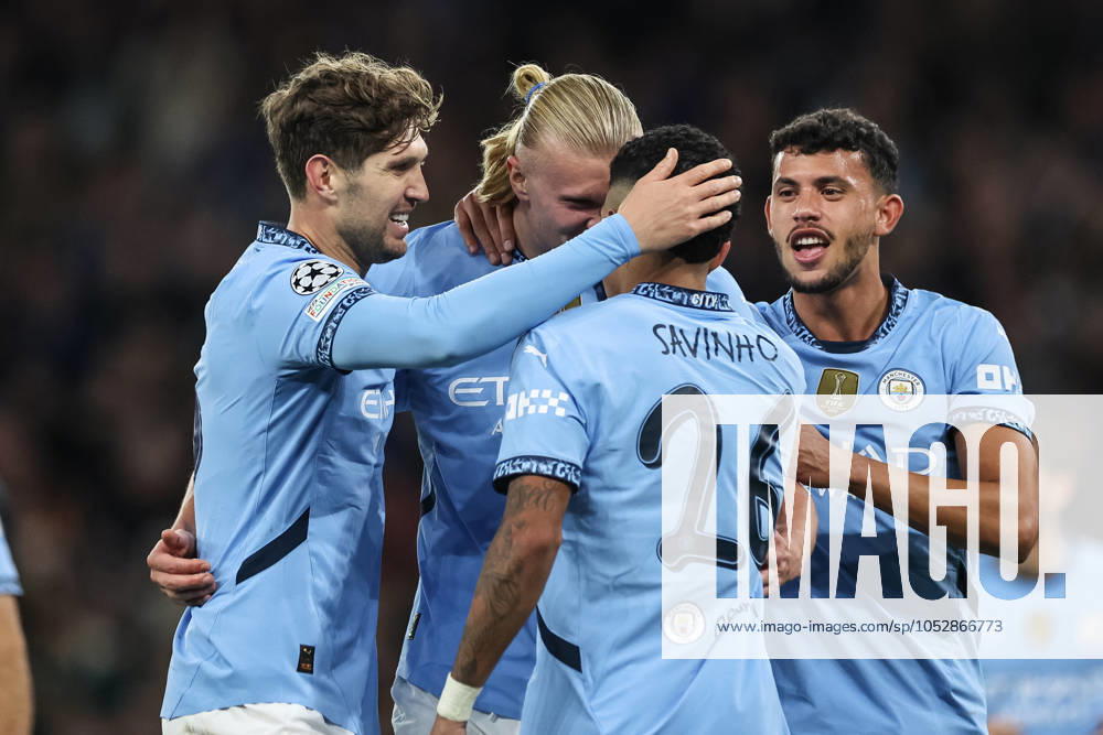 UEFA Champions League, League Stage Manchester City v Sparta Prague Erling Haaland of Manchester City celebrates his goal to make it 2-0 during the UEFA Champions League, League Stage Manchester City v Sparta Prague at Etihad Stadium, Manchester, United Kingdom, 23rd October 2024 (Photo by Mark Cosgrove News Images) Manchester Etihad Stadium Manchester United, ManU Kingdom