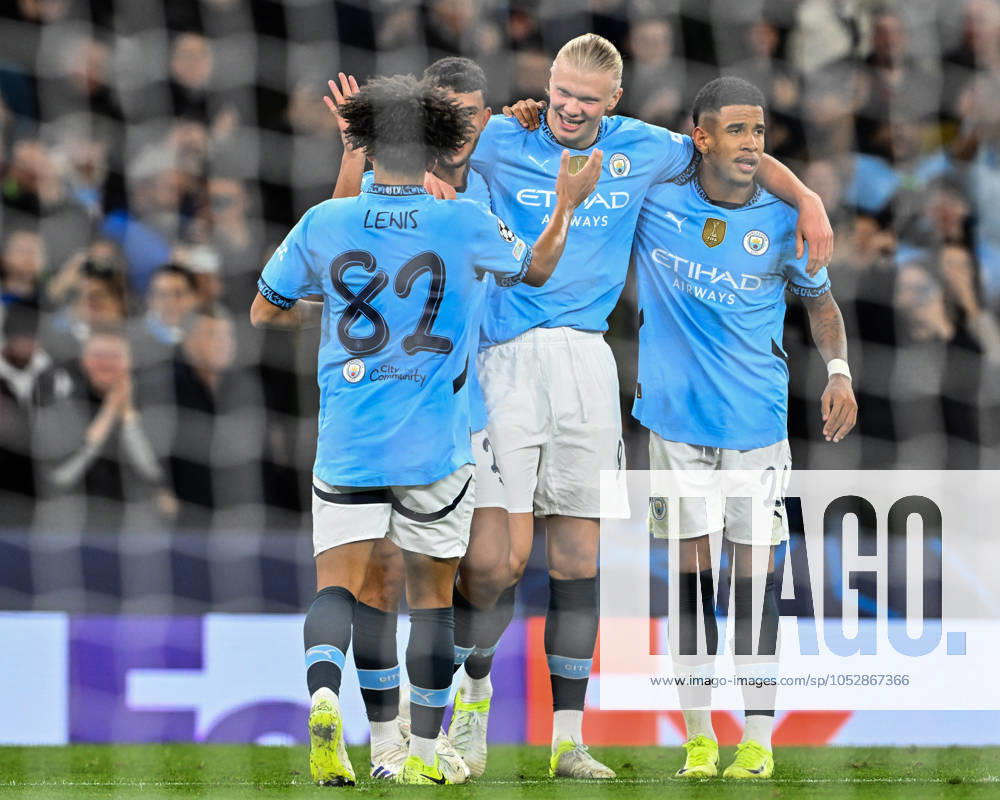 UEFA Champions League, League Stage Manchester City v Sparta Prague Erling Haaland of Manchester City celebrates his goal to make it 4-0 during the UEFA Champions League, League Stage Manchester City v Sparta Prague at Etihad Stadium, Manchester, United Kingdom, 23rd October 2024 (Photo by Cody Froggatt News Images) Manchester Etihad Stadium Manchester United, ManU Kingdom