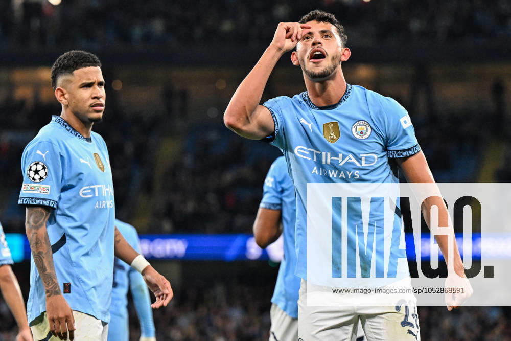 UEFA Champions League, League Stage Manchester City v Sparta Prague Matheus Nunes of Manchester City celebrates his goal to make it 5-0 during the UEFA Champions League, League Stage Manchester City v Sparta Prague at Etihad Stadium, Manchester, United Kingdom, 23rd October 2024 (Photo by Cody Froggatt News Images) Manchester Etihad Stadium Manchester United, ManU Kingdom