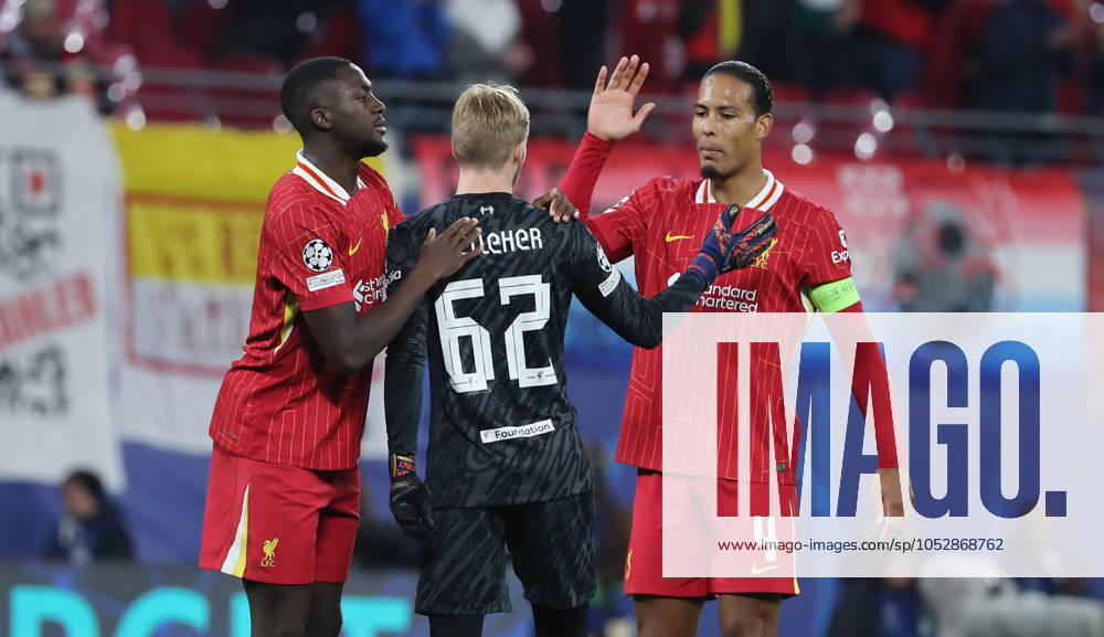 Ibrahima Konate, goalkeeper Caoimhin Kelleher, Virgil van Dijk cheers after the end of the match 0 1 Victory Joy Emotion Cheers Sport Football Soccer UEFA Champions League UCL Men 3 Matchday Season 2024 2025 23 10 2024 Rasen Ballsport RB Leipzig RBL vs Liverpool FC LFC DFL regulations prohibit any use of photographs as image sequences and or quasi video