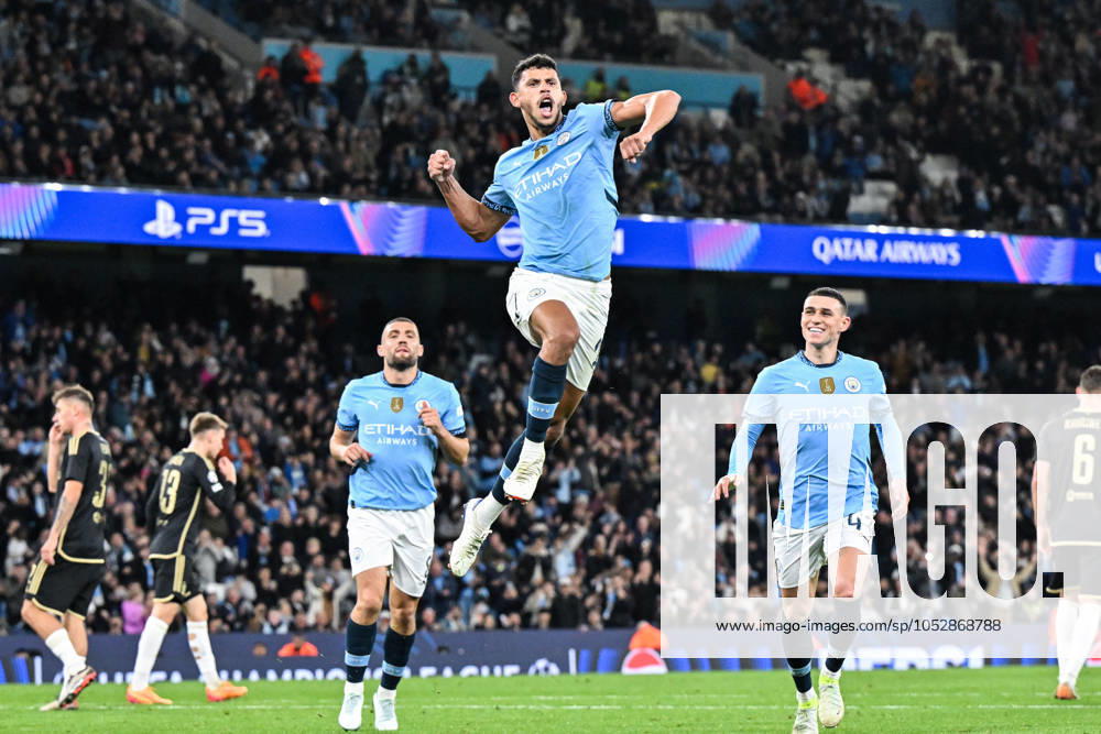 KW43 UEFA Champions League, League Stage Manchester City v Sparta Prague Matheus Nunes of Manchester City celebrates his goal to make it 5-0 during the UEFA Champions League, League Stage Manchester City v Sparta Prague at Etihad Stadium, Manchester, United Kingdom, 23rd October 2024 (Photo by Cody Froggatt News Images) Manchester Etihad Stadium Manchester United, ManU Kingdom