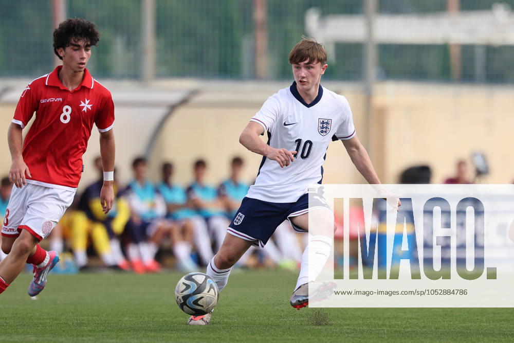 Finlay Gorman of England is in action during the UEFA European Under-17 Championship 2025 Group 1 qualifying soccer match between England and Malta at the Centenary Stadium, Ta Qali, Malta on October 24, 2024. England v Malta - Under-17 Championship UEFA Qualifying 2025 UEFA_U17_QLFY_25
