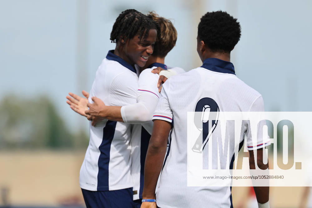 England Under-17 soccer players celebrate scoring the 3-0 goal during the UEFA European Under-17 Championship 2025 Group 1 qualifying soccer match between England and Malta at the Centenary Stadium, Ta Qali, Malta on October 24, 2024. England v Malta - Under-17 Championship UEFA Qualifying 2025 UEFA_U17_QLFY_25
