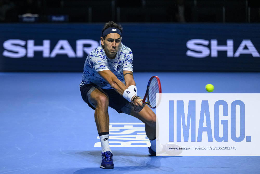 Basel, Switzerland October 23 Alejandro Tabilo of Chile plays a backhand against Andrey Rublev during the Swiss Indoors Basel Day 3 at St Jakobshalle on October 23, 2024 in Basel, Switzerland Photo by JustPictures Basel St Jakobshalle Basel Stadt Switzerland