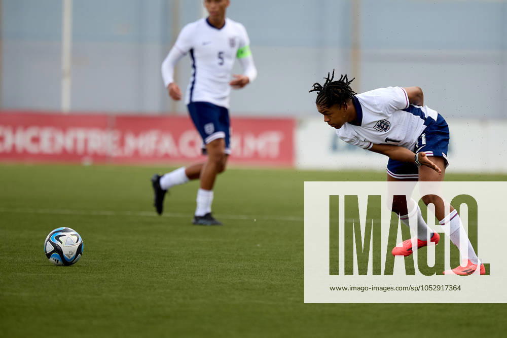Rio Ngumoha (R) of England is in action during the UEFA European Under-17 Championship 2025 Group 1 qualifying soccer match between England and Malta at the Centenary Stadium, Ta Qali, Malta on October 24, 2024. England v Malta - Under-17 Championship UEFA Qualifying 2025 UEFA_U17_QLFY_25