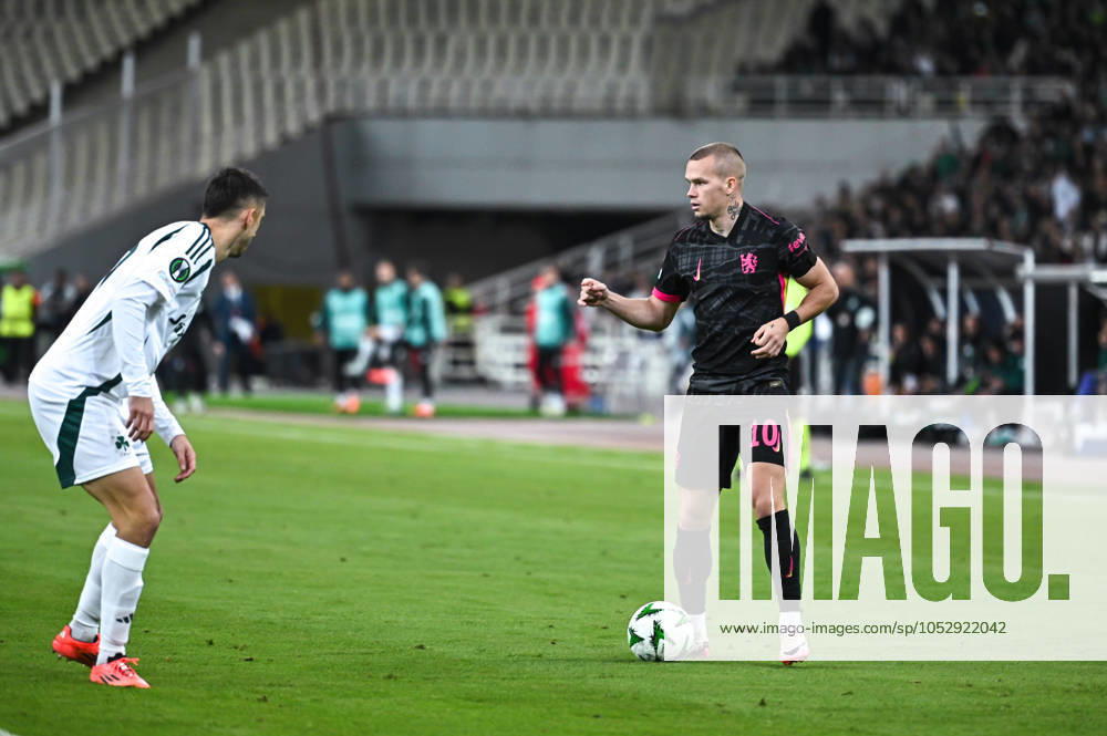 Panathinaikos FC v Chelsea FC - UEFA Conference League 2024 25 League Phase MD2 Mykhailo Mudryk of Chelsea plays during the Conference League, Matchday 2 match between Panathinaikos and Chelsea at OAKA Stadium in Athens, Greece, on October 24, 2024. Athens Greece