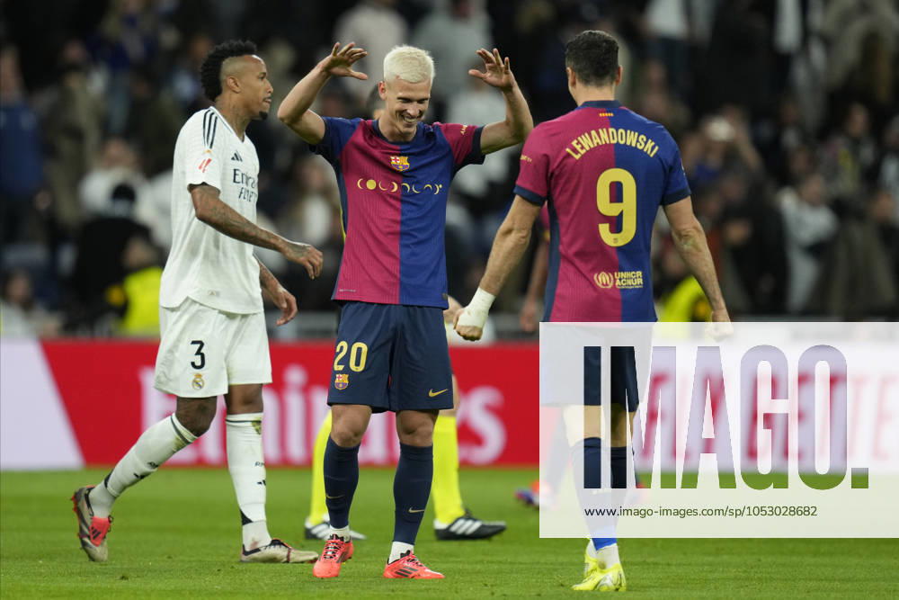 ESP: Real Madrid v FC Barcelona, Barca La Liga EA Sports. Date 11 Dani Olmo and Robert Lewandowski of FC Barcelona celebrating goal during the La Liga EA Sports match between Real Madrid and FC Barcelona played at Santiago Bernabeu Stadium on October 26, 2024 in Madrid, Spain. kpng