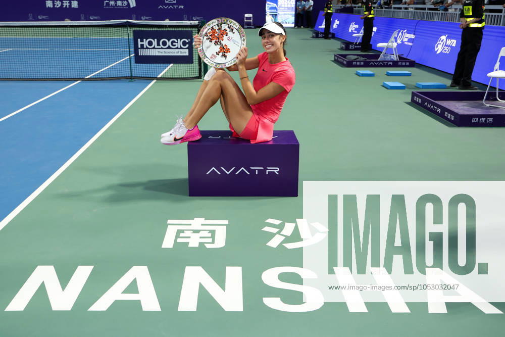 KW43 GUANGZHOU, CHINA - OCTOBER 27: Olga Danilovic of Serbia celebrates after winning the Women s Singles Final match against Caroline Dolehide of United States on day 7 of 2024 Guangzhou Open at Nansha International Tennis Centre on October 27, 2024 in Guangzhou, Guangdong Province of China.