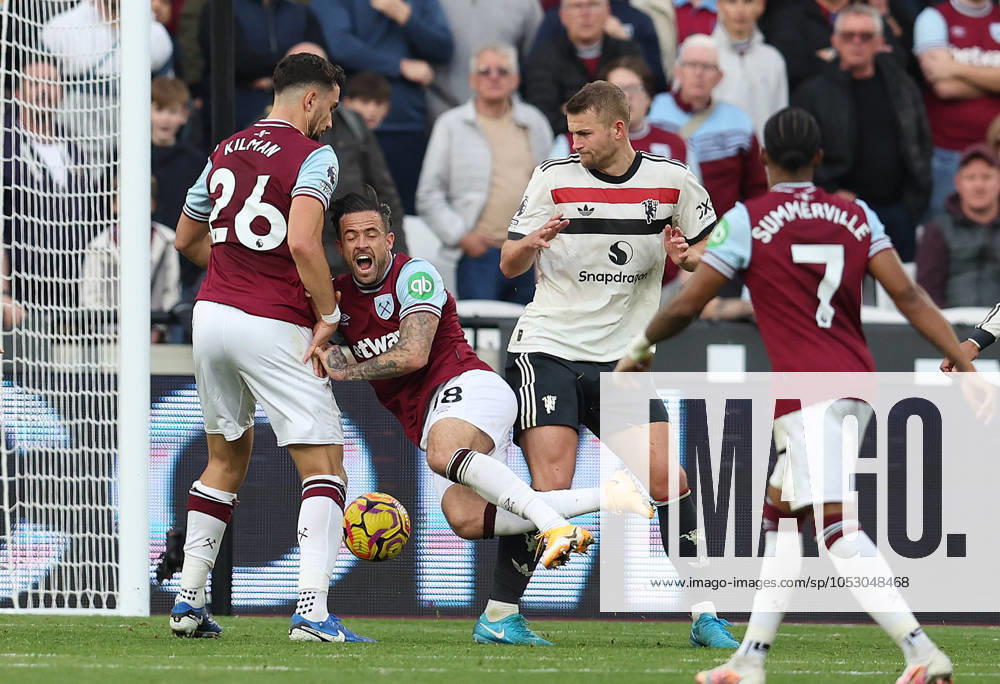 London, England, 27th October 2024. Danny Ings of West Ham United is fouled by Matthijs de Ligt of Manchester United, ManU the referee later awarded West Ham a penalty after a VAR review during the Premier League match at the London Stadium, London. Picture credit should read: Paul Terry Sportimage . SPI-3414-0062