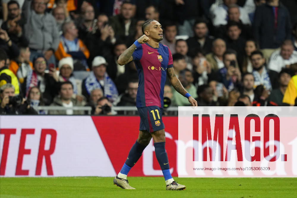 ESP: Real Madrid v FC Barcelona, Barca La Liga EA Sports. Date 11 Raphinha of FC Barcelona celebrates after scoring goal during the La Liga EA Sports match between Real Madrid and FC Barcelona played at Santiago Bernabeu Stadium on October, 2024 in Madrid, Spain. Contributor
