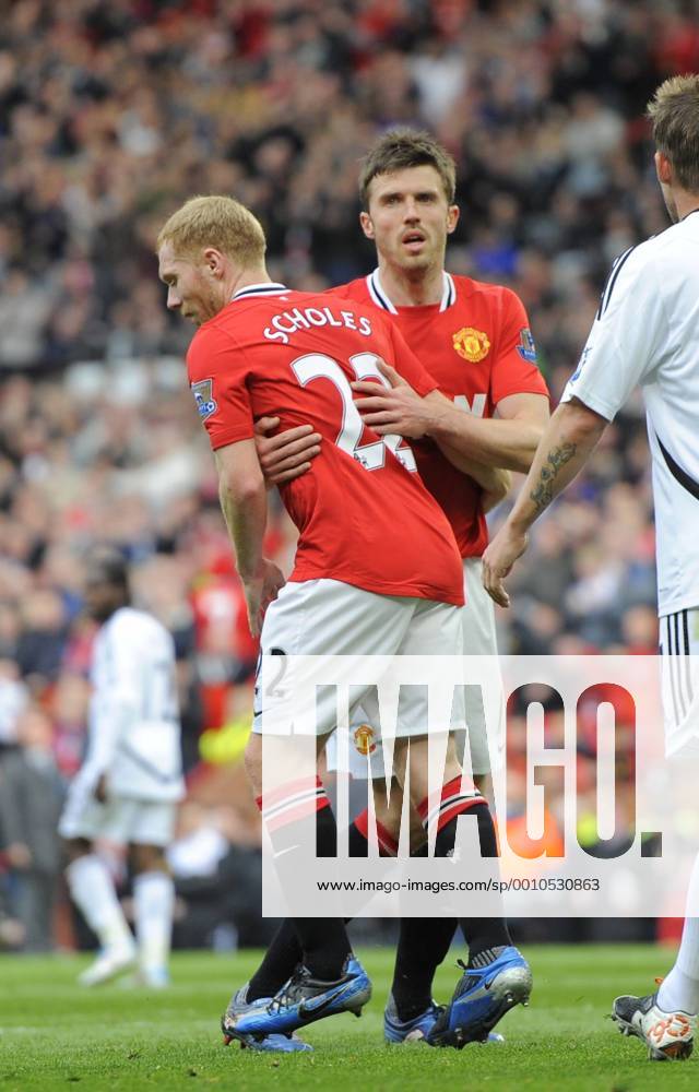 Goalscorer Paul Scholes of Manchester United (ManU) celebrates with supplier Michael Carrick of Manchester United (ManU).Barclays Premier League match Manchester Utd (ManU) vs. FC Swansea City at the Old Trafford Stadium, Manchester on the 6th May 2012. .