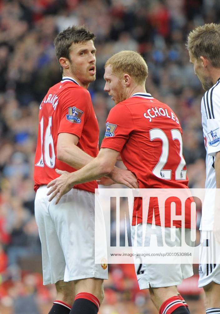 Goalscorer Paul Scholes of Manchester United (ManU) celebrates with supplier Michael Carrick of Manchester United (ManU).Barclays Premier League match Manchester Utd (ManU) vs. FC Swansea City at the Old Trafford Stadium, Manchester on the 6th May 2012. .