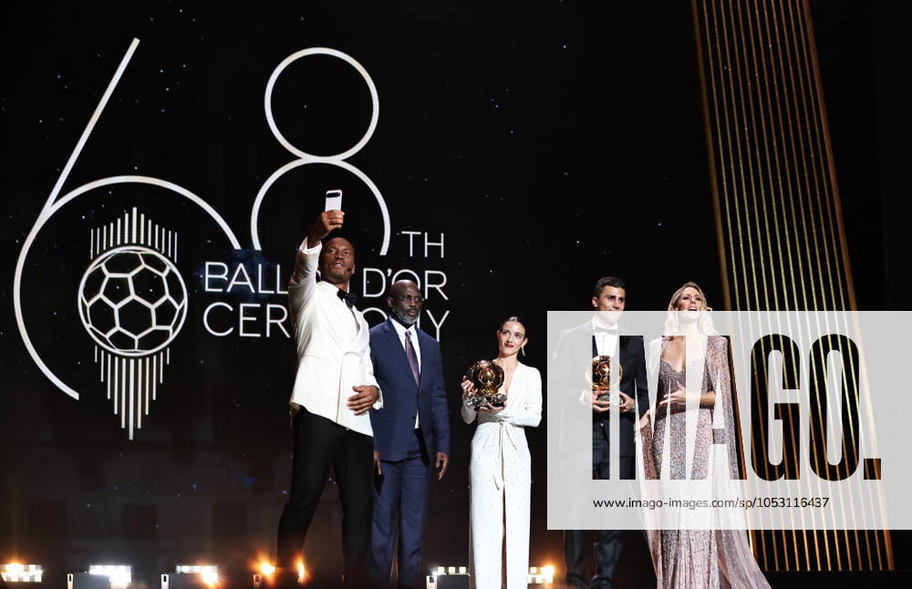 (241029) -- PARIS, Oct. 29, 2024 -- Barcelona s Spanish player Aitana Bonmati (3rd R) and Manchester City s Spanish player Rodri (2nd R) react on stage with their trophies during the 2024 Ballon d Or France Football award ceremony at the Theatre du Chatelet in Paris, France, Oct. 28, 2024. ) (SP)FRANCE-PARIS-FOOTBALL-BALLON D OR CEREMONY GaoxJing