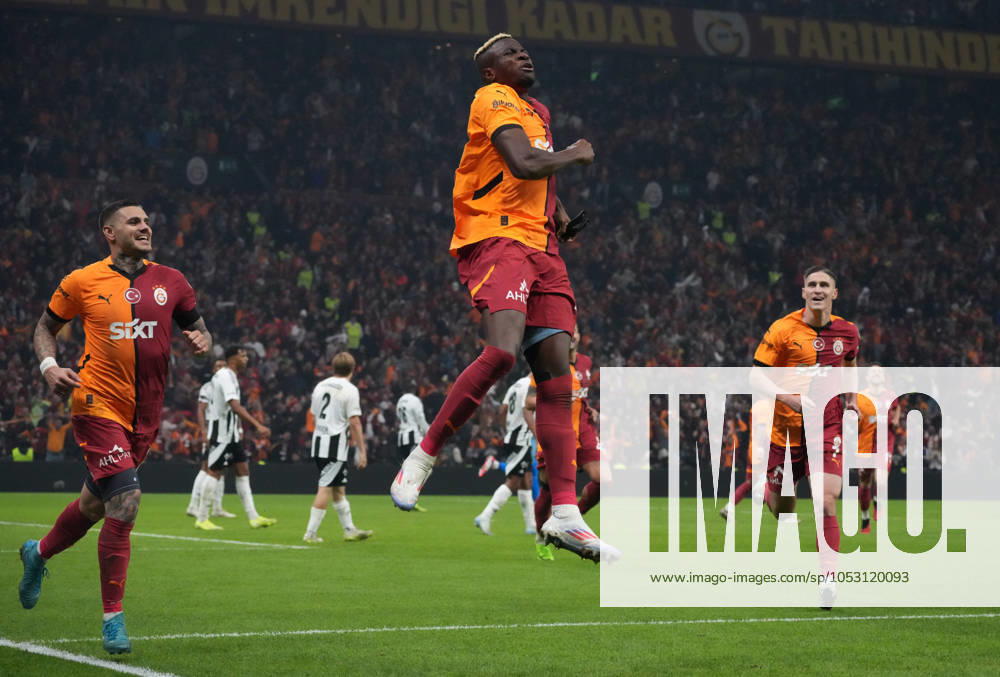 Victor Osimhen (R) of Galatasaray celebrates after scoring the second goal of his team with Mauro Icardi (L) during the Turkish Super League derby match between Galatasaray and Besiktas at Rams Park Stadium in Istanbul , Turkey on October 28 , 2024. ( Photo by Seskimphoto ) Istanbul Turkey Istanbul Turkey
