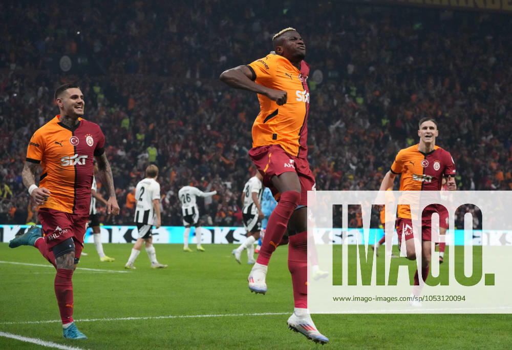 Victor Osimhen (R) of Galatasaray celebrates after scoring the second goal of his team with Mauro Icardi (L) during the Turkish Super League derby match between Galatasaray and Besiktas at Rams Park Stadium in Istanbul , Turkey on October 28 , 2024. ( Photo by Seskimphoto ) Istanbul Turkey Istanbul Turkey