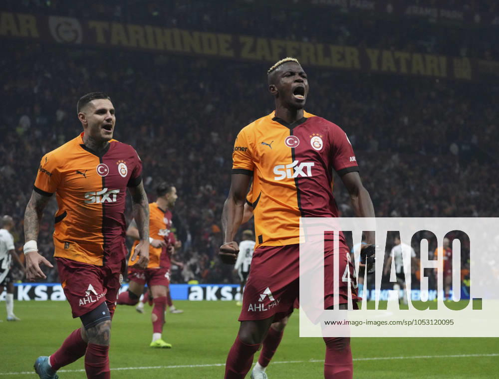 Victor Osimhen (R) of Galatasaray celebrates after scoring the second goal of his team with Mauro Icardi (L) during the Turkish Super League derby match between Galatasaray and Besiktas at Rams Park Stadium in Istanbul , Turkey on October 28 , 2024. ( Photo by Seskimphoto ) Istanbul Turkey Istanbul Turkey