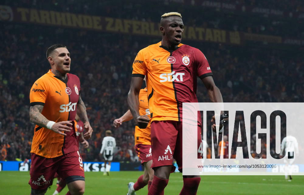 Victor Osimhen (R) of Galatasaray celebrates after scoring the second goal of his team with Mauro Icardi (L) during the Turkish Super League derby match between Galatasaray and Besiktas at Rams Park Stadium in Istanbul , Turkey on October 28 , 2024. ( Photo by Seskimphoto ) Istanbul Turkey Istanbul Turkey