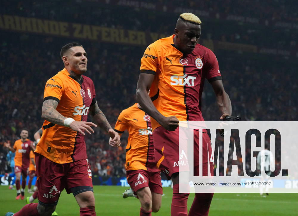 Victor Osimhen (R) of Galatasaray celebrates after scoring the second goal of his team with Mauro Icardi (L) during the Turkish Super League derby match between Galatasaray and Besiktas at Rams Park Stadium in Istanbul , Turkey on October 28 , 2024. ( Photo by Seskimphoto ) Istanbul Turkey Istanbul Turkey