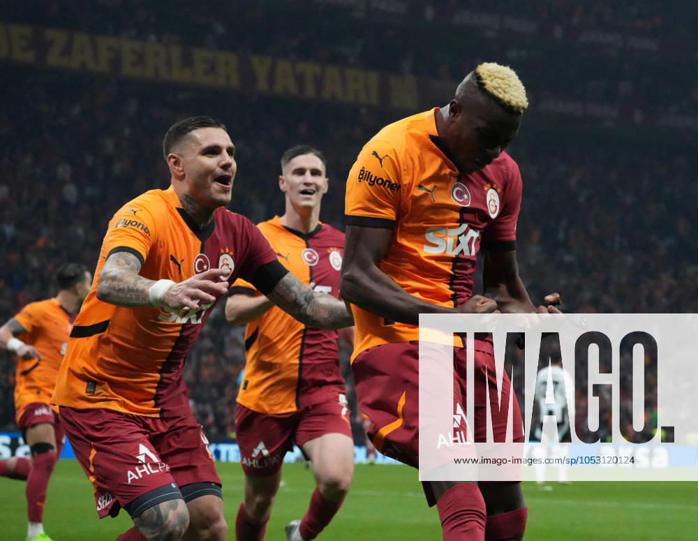 Victor Osimhen (R) of Galatasaray celebrates after scoring the second goal of his team with Mauro Icardi (L) during the Turkish Super League derby match between Galatasaray and Besiktas at Rams Park Stadium in Istanbul , Turkey on October 28 , 2024. ( Photo by Seskimphoto ) Istanbul Turkey Istanbul Turkey
