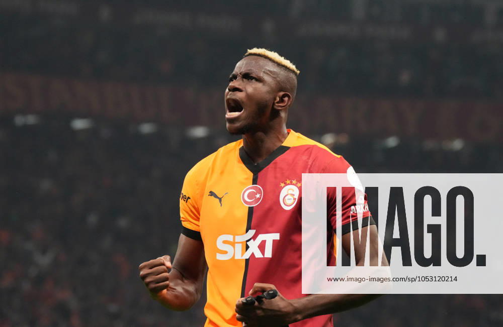 Victor Osimhen of Galatasaray celebrates after scoring the second goal of his team during the Turkish Super League derby match between Galatasaray and Besiktas at Rams Park Stadium in Istanbul , Turkey on October 28 , 2024. ( Photo by Seskimphoto ) Istanbul Turkey Istanbul Turkey