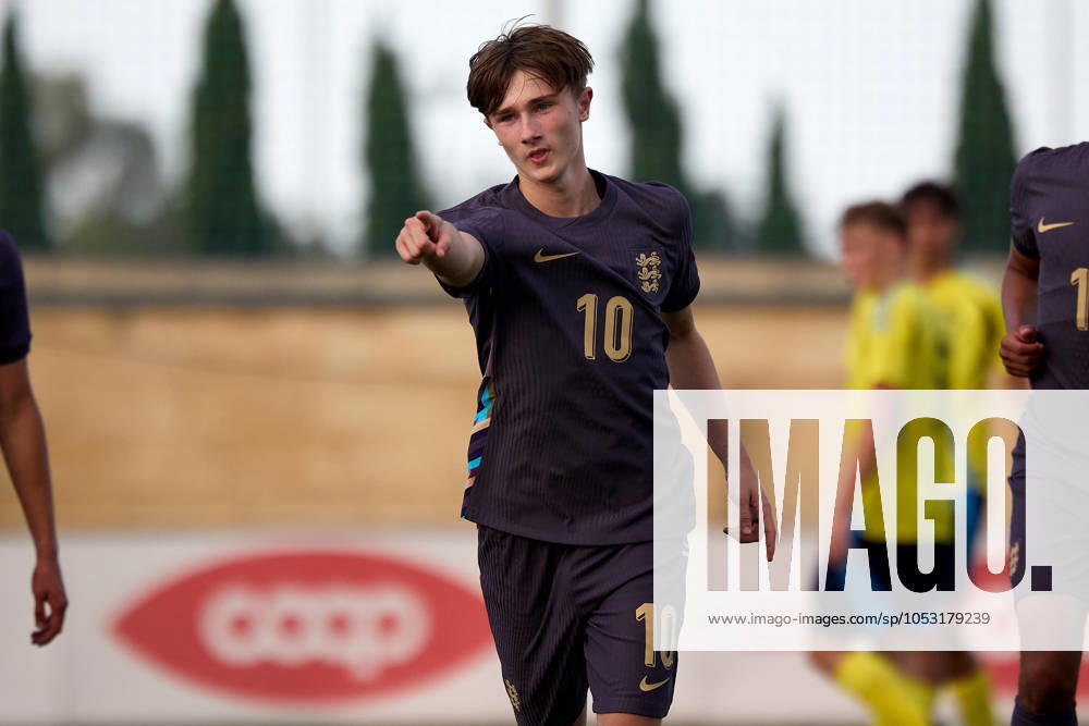 Finlay Gorman of England reacts in celebration after scoring a penalty kick to make the score 1-3 goal for his team during the UEFA European Under-17 Championship 2025 Group 1 qualifying soccer match between Sweden and England at the Centenary Stadium, Ta Qali, Malta on October 30, 2024. Sweden v England Under-17 Championship UEFA Qualifying 2025 UEFA_U17_QLFY_25
