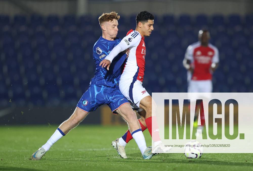 - Chelsea U21, U 21 v Arsenal U21, Premier League 2, Kingsmeadow Stadium, London, UK - 1st November 2024. Brodi Hughes of Chelsea U21 battles Ismail Oulad M Hand of Arsenal u21. - Chelsea U21 v Arsenal U21, Premier League 2, Kingsmeadow Stadium, London, UK - 1st November 2024. By Daniel Weir Crystal Pix. London Kingsmeadow Stadium UK