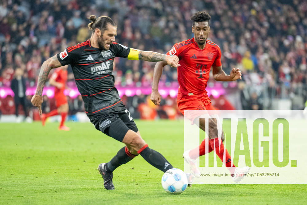 Christopher Trimmel 28 1 FC Union Berlin , Kingsley Coman 11 FC Bayern Muenchen , FC Bayern Muenchen vs 1 FC Union Berlin, Football, Bundesliga, 9 Matchday, 02 11 2024 DFB regulations prohibit any use of photographs as image sequences and or quasi video Muenchen Bayern Germany