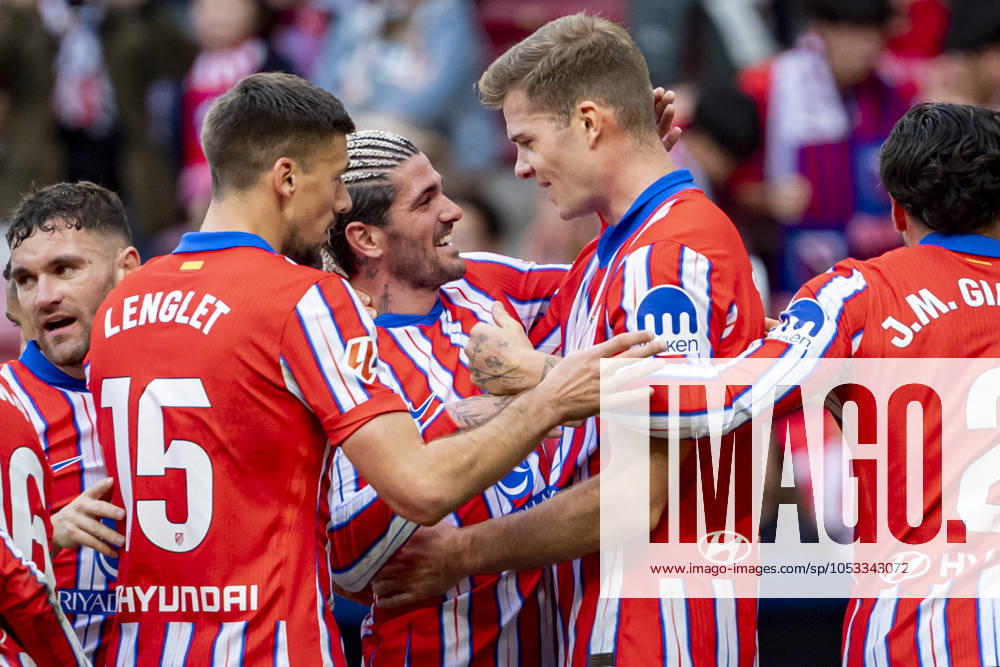 Atletico de Madrid vs UD Las Palmas - La Liga EA Sports 2024 25 Players of Atletico de Madrid (from L to R) Clement Lenglet, Rodrigo De Paul, Alexander Sorloth celebrates a goal during the La Liga EA Sports 2024 25 football match between Atletico de Madrid and UD Las Palmas at Estadio Riyadh Air Metropolitano on November 03, 2024 in Madrid, Spain. Madrid Estadio Riyadh Air Metropolitan Madrid Spain