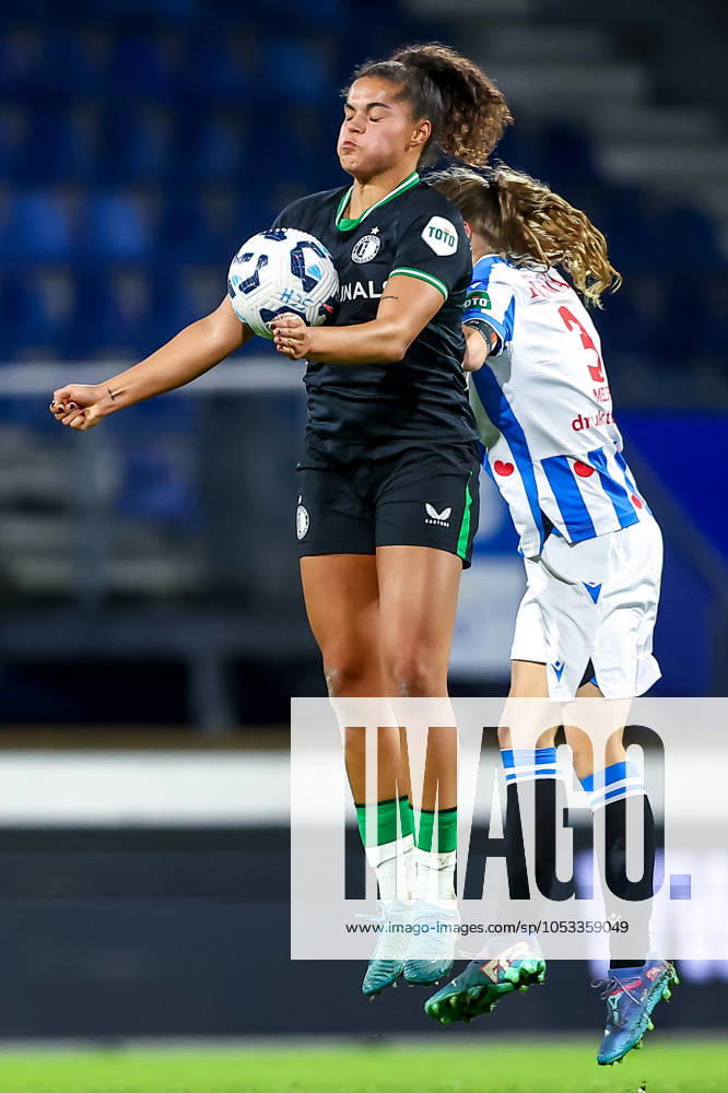 2024-11-02 sc Heerenveen v Feyenoord - Dutch Azerion Womens Eredivisie HEERENVEEN, NETHERLANDS - NOVEMBER 2: Jada Conijnenberg of Feyenoord is challenged by Fenna Meijer of sc Heerenveen during the Dutch Azerion Womens Eredivisie match between sc Heerenveen and Feyenoord at Abe Lenstra Stadion on November 2, 2024 in Heerenveen, Netherlands. (Photo by Pieter van der Woude BSR Agency) Heerenveen Netherlands Content not available for redistribution in The Netherlands directly or indirectly through any third parties.