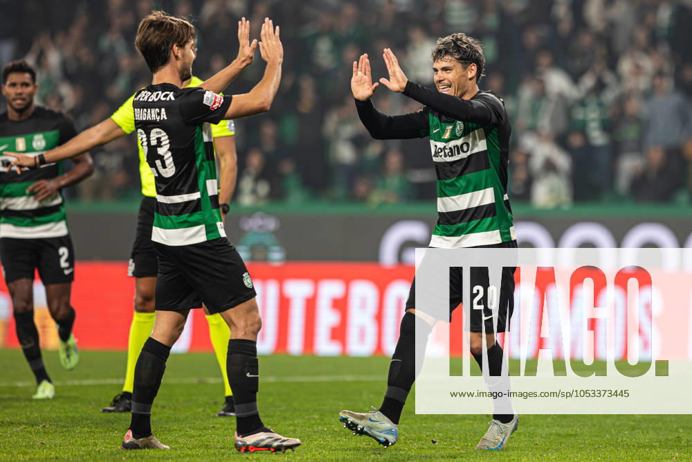 Sporting CP Vs CF Estrela da Amadora in Lisboa - 01 Nov 2024 (R-L) Maximiliano Araujo of Sporting CP celebrates with teammate Daniel Branganca of Sporting CP after scoring a goal during the match between Sporting CP and CF Estrela da Amadora for the Liga Portugal Betclic at Estadio Jose Alvalade. (Final score: Sporting CP 5 - 1 CF Estrela da Amadora) Lisboa Portugal
