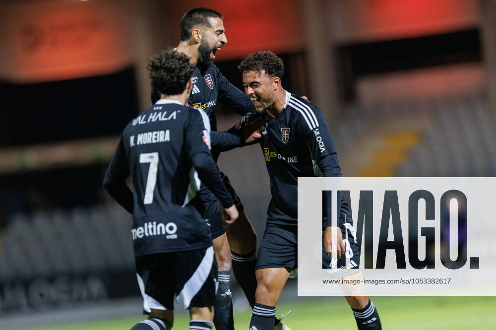Nuno Moreira, Joao Goulart, Ruben Kluivert (Casa Pia AC) celebrate after scoring goal during the Liga Portugal game between Casa Pia and CD Nacional at Estadio Municipal Rio Maior. Final scores; Casa Pia 1:0 CD Nacional. Rio Maior Portugal - ZUMAD Na 20241025_aaa_s197_669